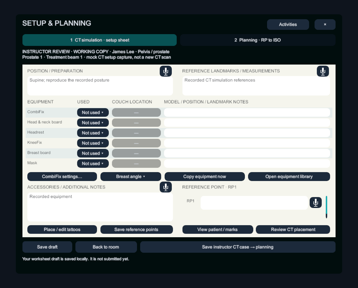 Actual CT simulation worksheet with equipment selection and reference-point notes